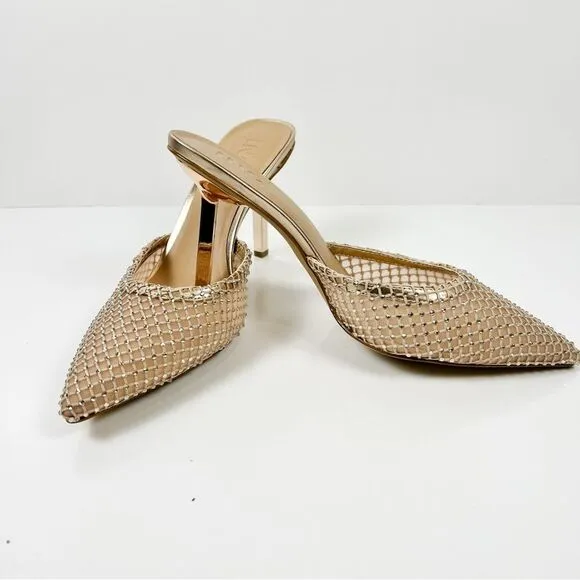 INC Emory Gold Mesh Rhinestone Detail Slide Stiletto Dress Heels NEW IN BOX 11M