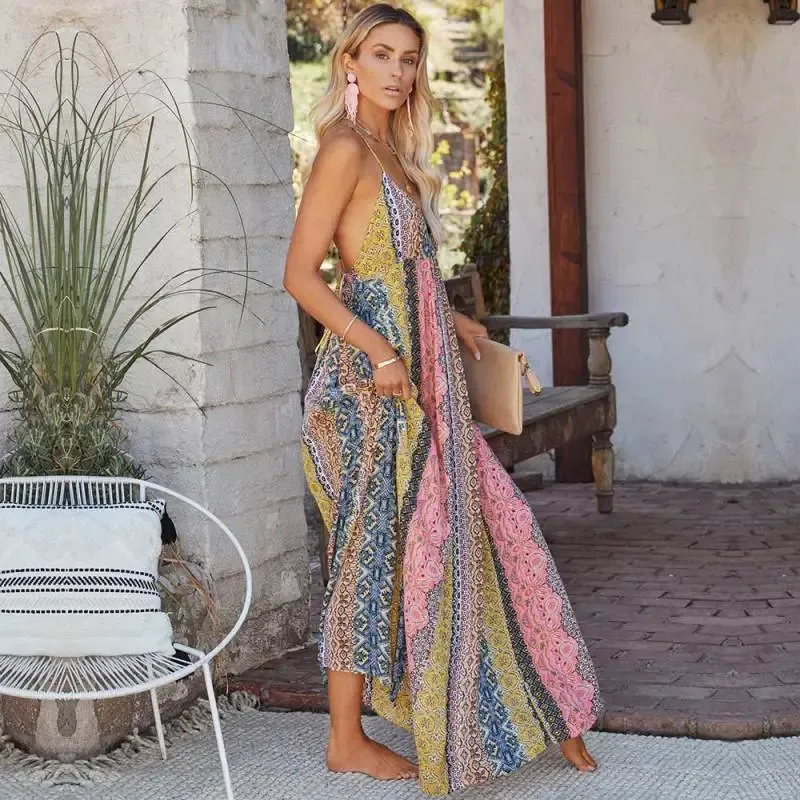 Indra Sleeveless Deep V-Neck Boho Maxi Dress