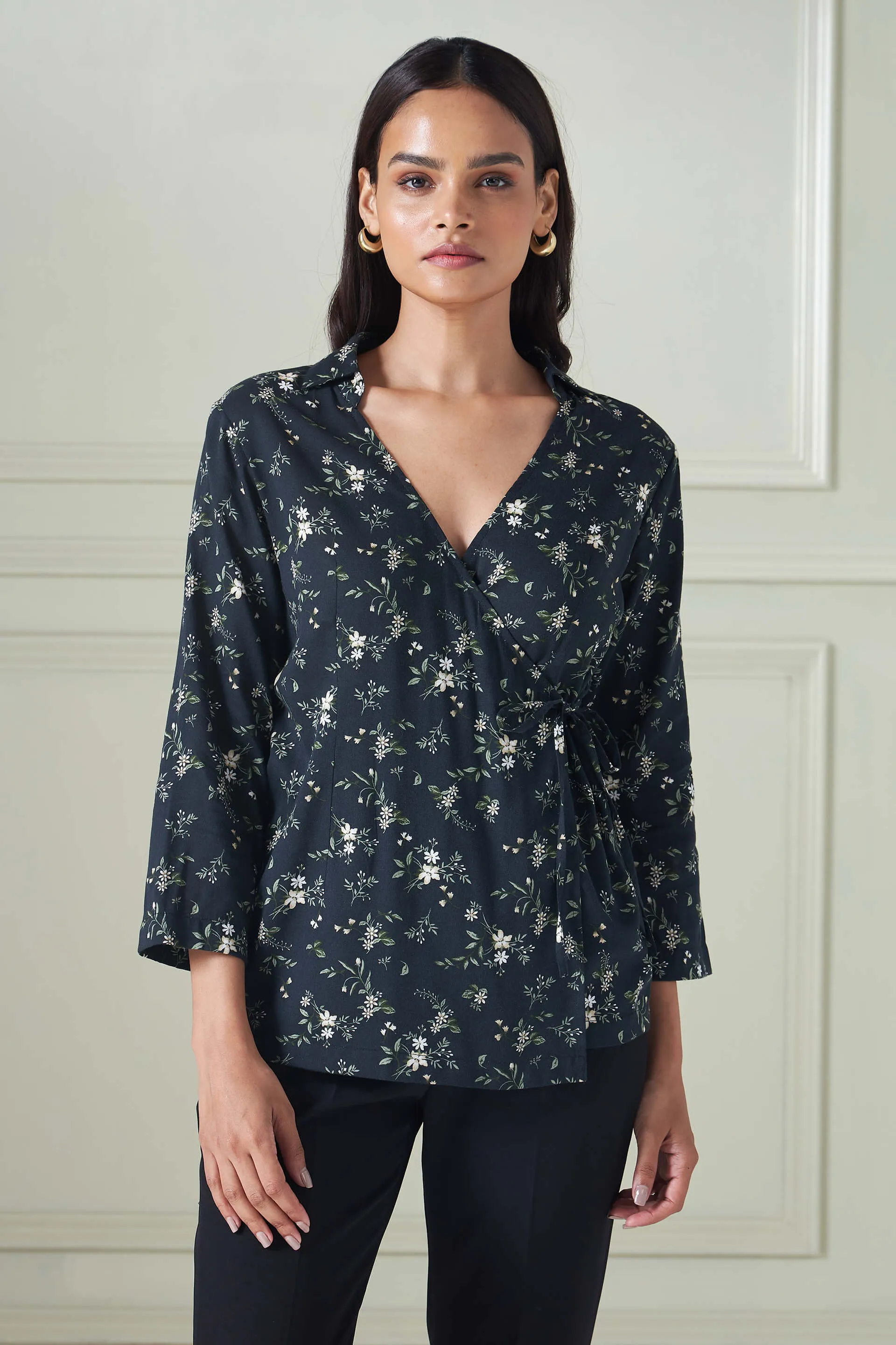 Jasper Floral Wrap Top - Black