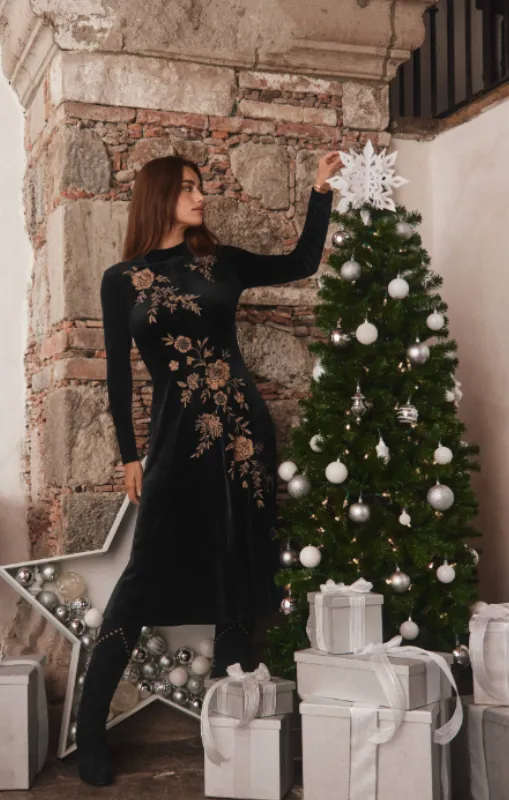 Johnny Was - Stretch Velvet Mock Neck Dress - Lenon - Black