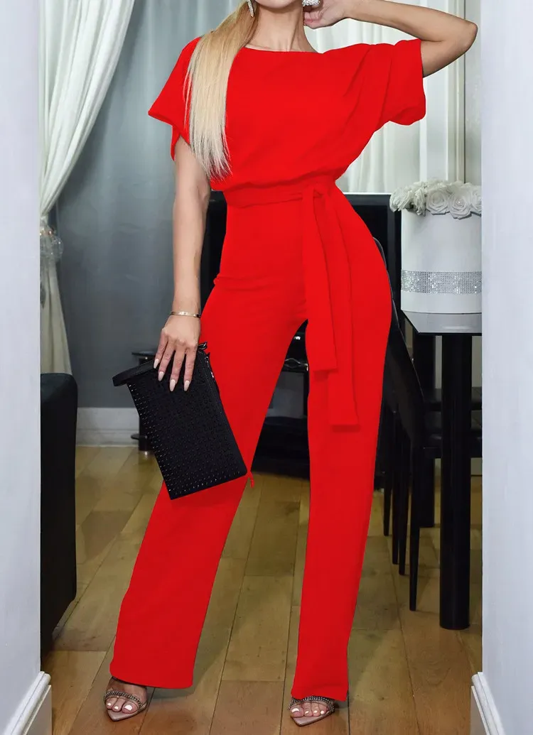 Kaylee Short-Sleeve Belted Wide-Leg Jumpsuit