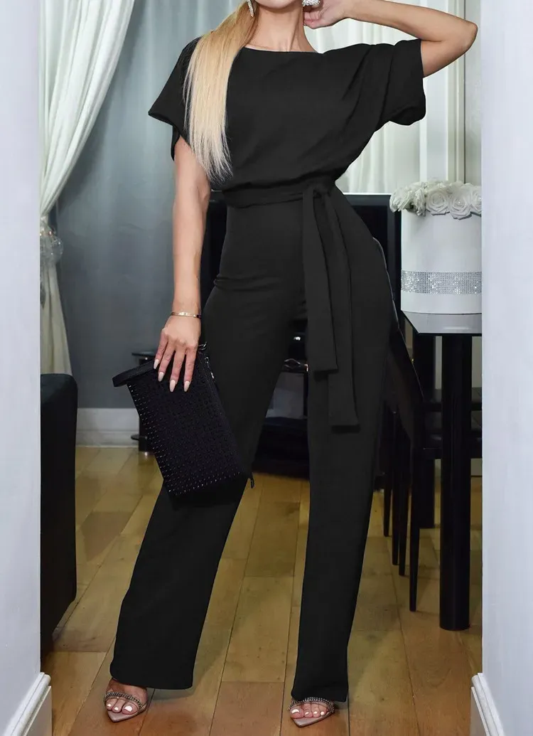 Kaylee Short-Sleeve Belted Wide-Leg Jumpsuit