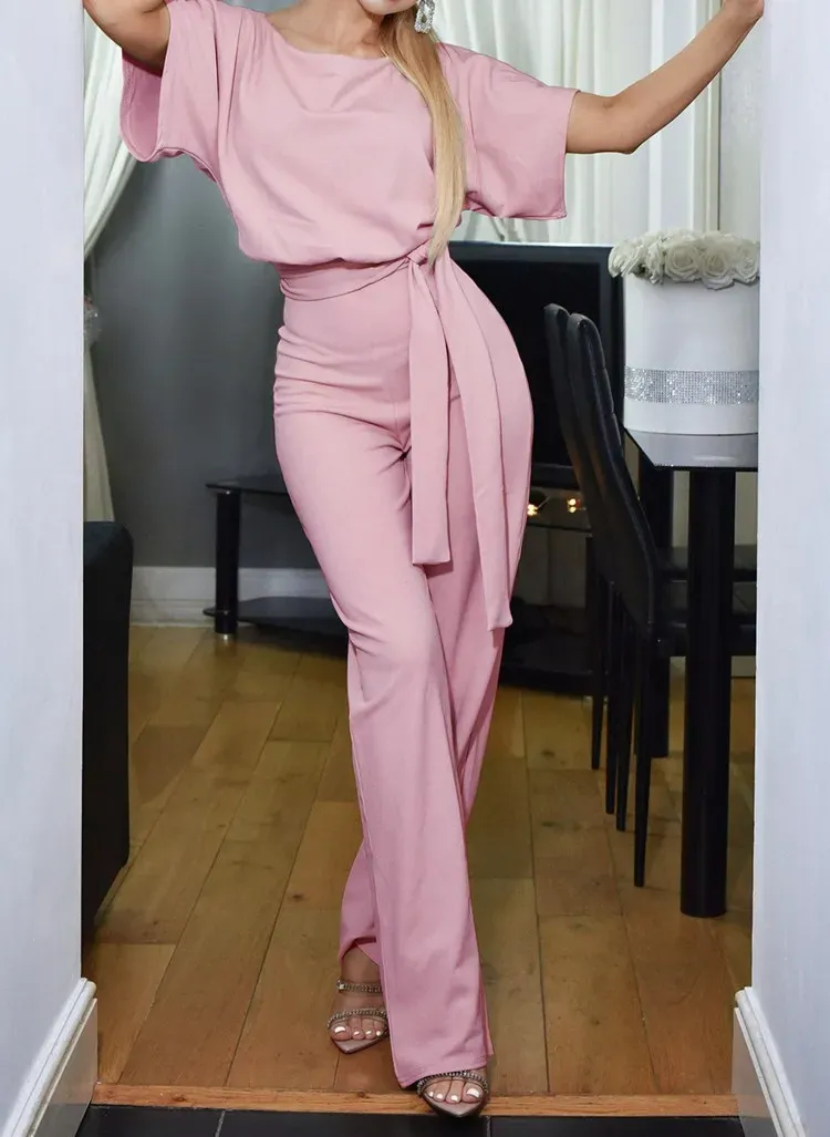 Kaylee Short-Sleeve Belted Wide-Leg Jumpsuit