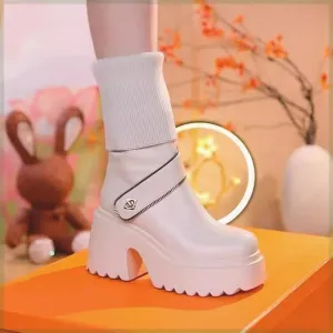 Knitted High-top Round Head Chunky Heel Boots