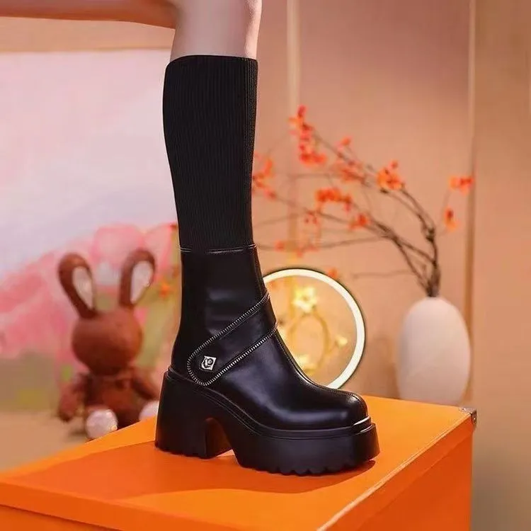 Knitted High-top Round Head Chunky Heel Boots