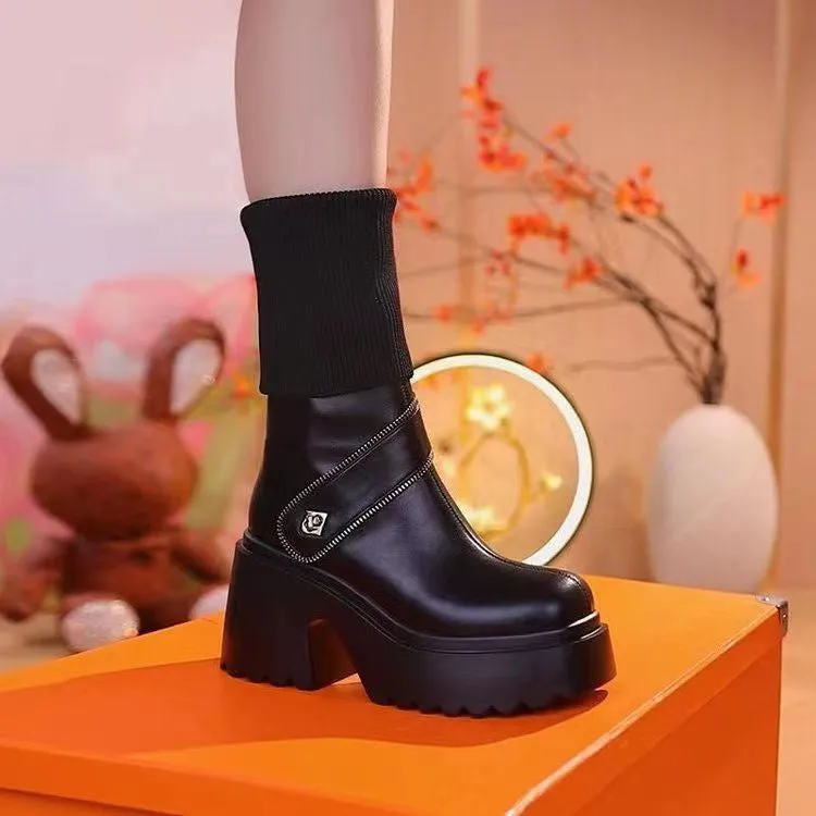 Knitted High-top Round Head Chunky Heel Boots