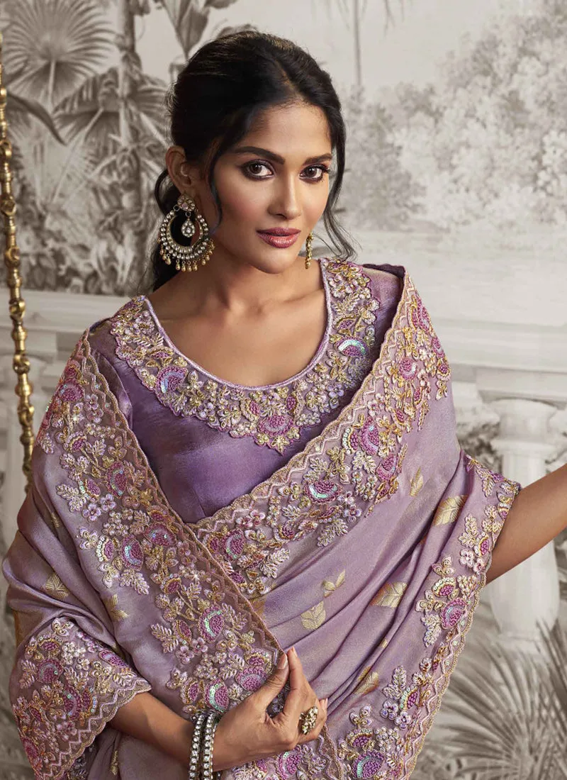 Lavender Multi Sequence Embroidery Wedding Saree
