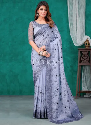 Lavender Sequence And Appliqué Embroidery Silk Saree