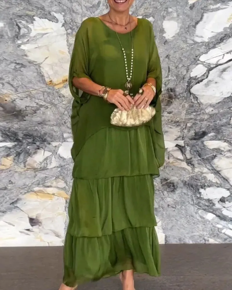 Layered Maxi Dress | Olive Green | Elegant and Airy for Warm Evenings