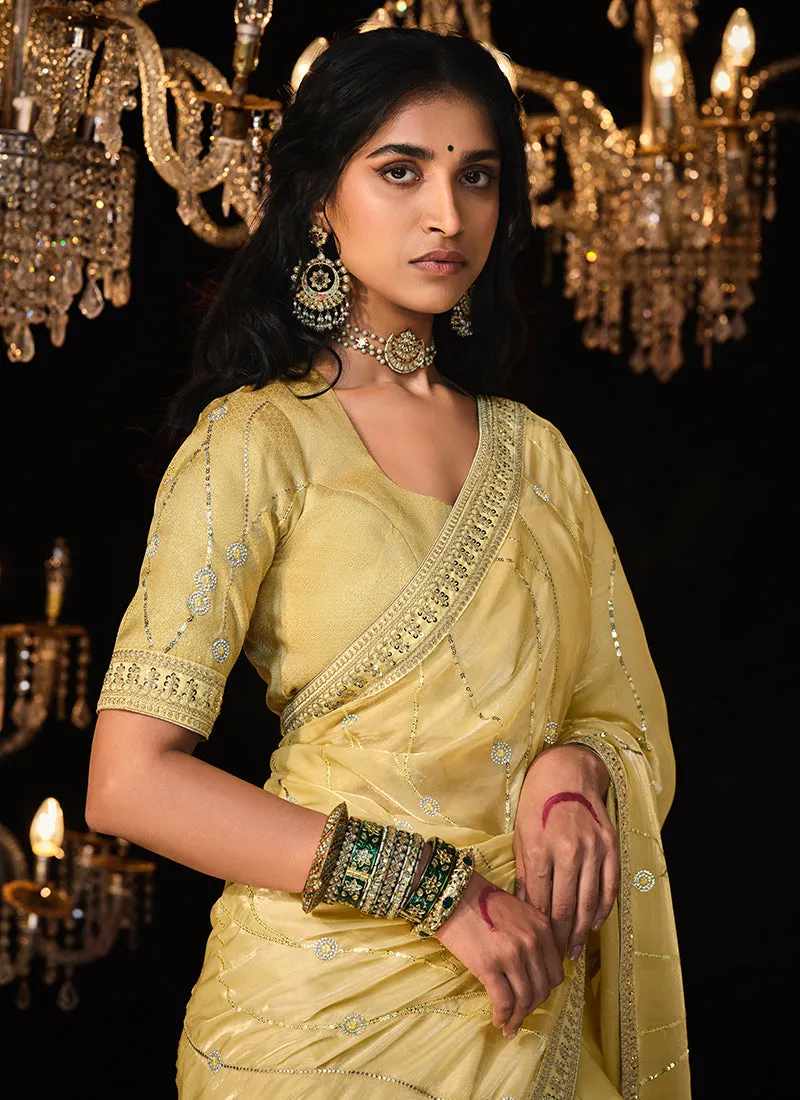 Lemon Yellow Reshamkari Embroidery Fancy Silk Saree