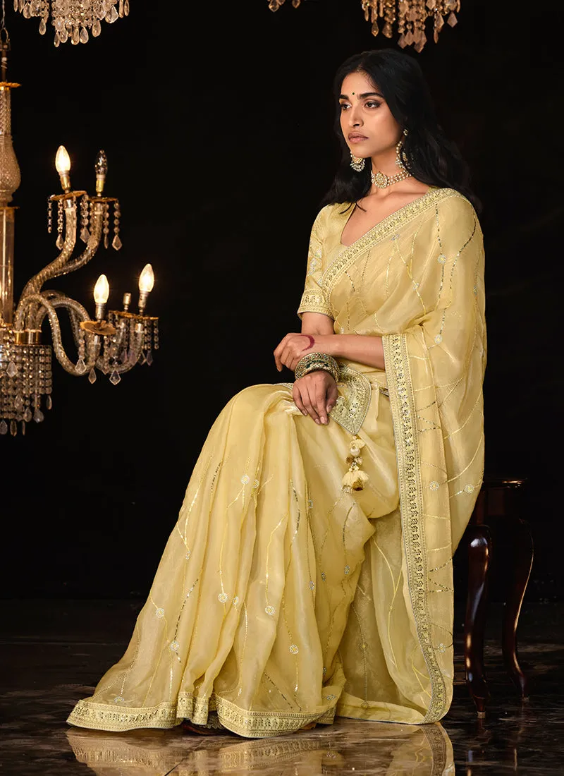Lemon Yellow Reshamkari Embroidery Fancy Silk Saree