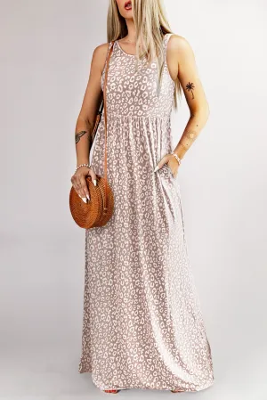 Leopard Print Sleeveless Maxi Dress with Pockets Fuchsia