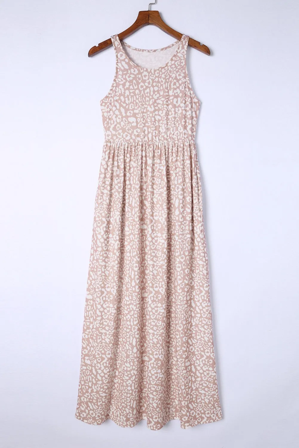 Leopard Print Sleeveless Maxi Dress with Pockets Fuchsia