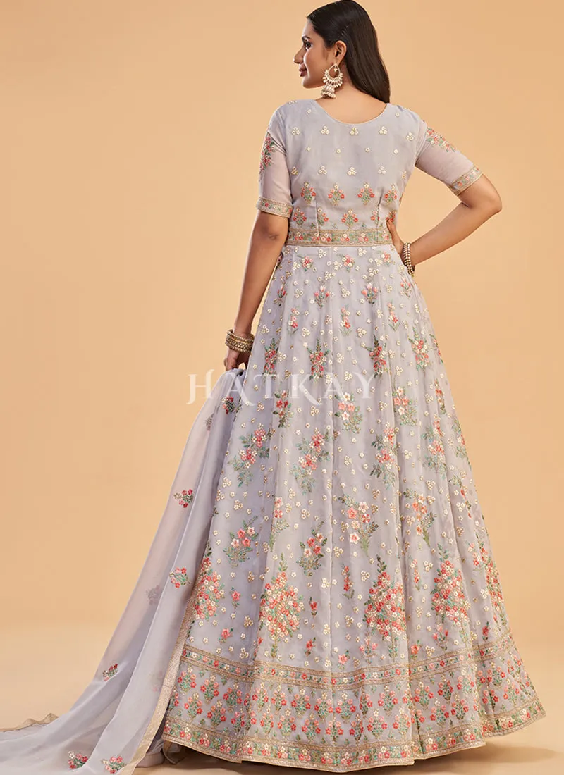 Lilac Purple Multi Embroidered Partywear Anarkali Suit