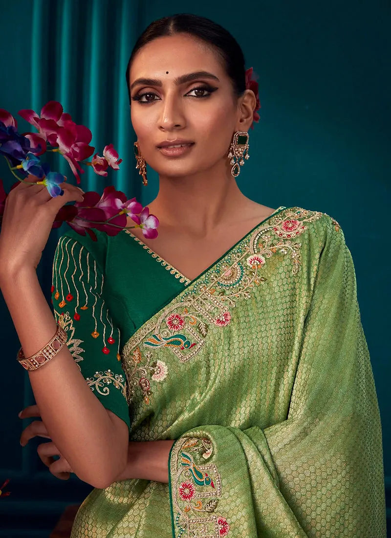 Lime Green Multi Embroidered Traditional Silk Saree