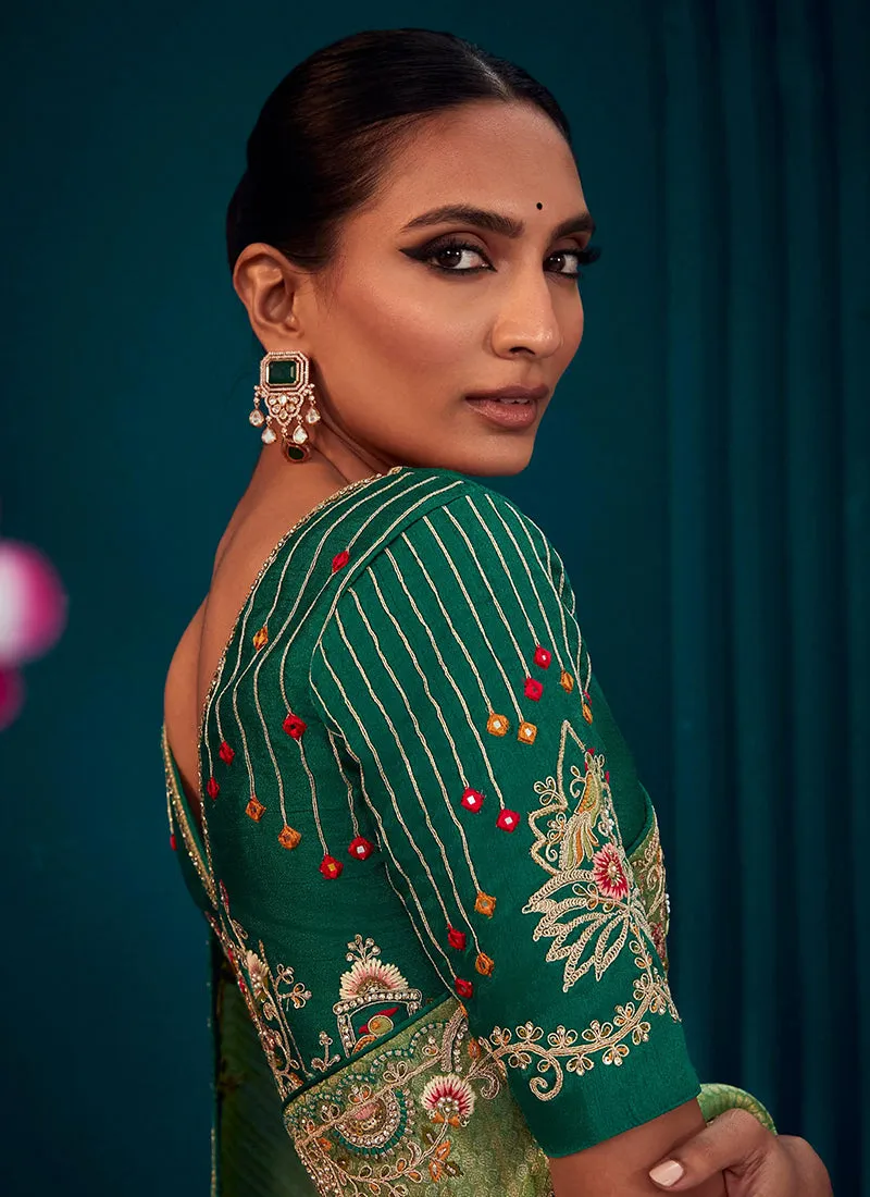Lime Green Multi Embroidered Traditional Silk Saree