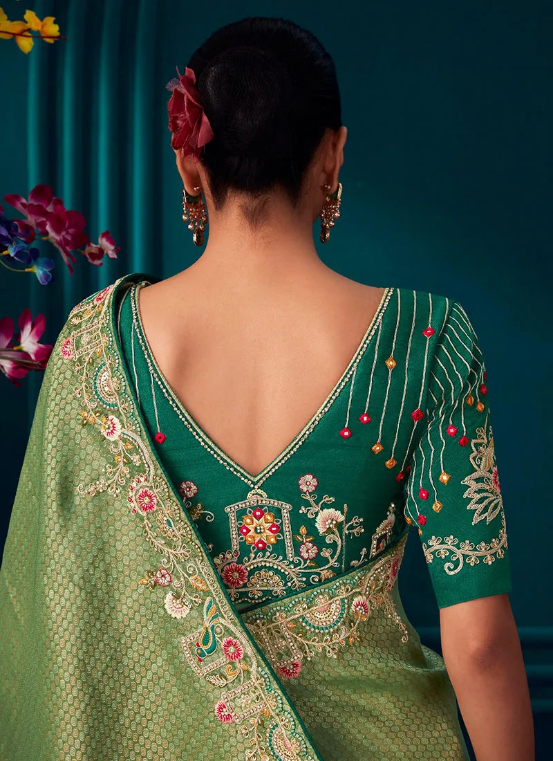 Lime Green Multi Embroidered Traditional Silk Saree