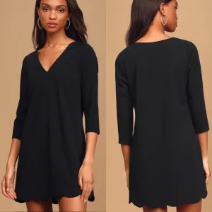 Lulus Love It All Three-Quarter Sleeve Scalloped Shift Dress in Black Size XS