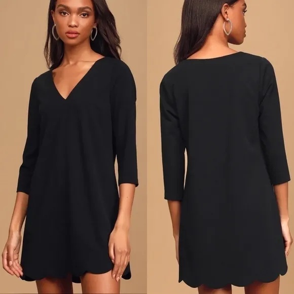 Lulus Love It All Three-Quarter Sleeve Scalloped Shift Dress in Black Size XS