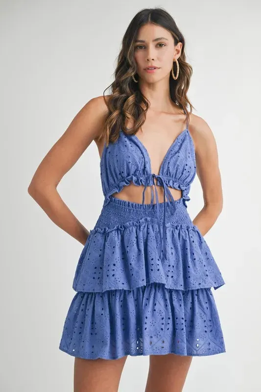 MABLE Cobalt Blue Lace Eyelet Ruffle Mini Dress