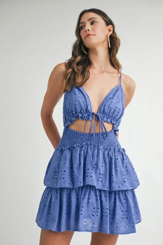 MABLE Cobalt Blue Lace Eyelet Ruffle Mini Dress