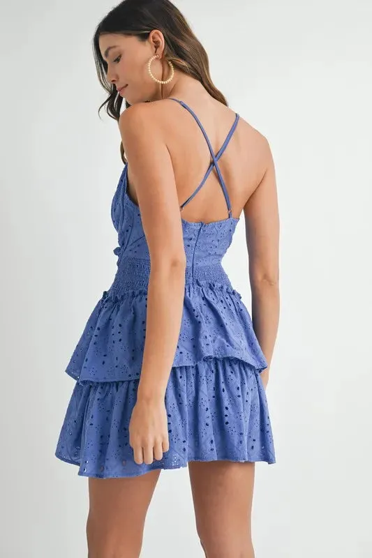 MABLE Cobalt Blue Lace Eyelet Ruffle Mini Dress