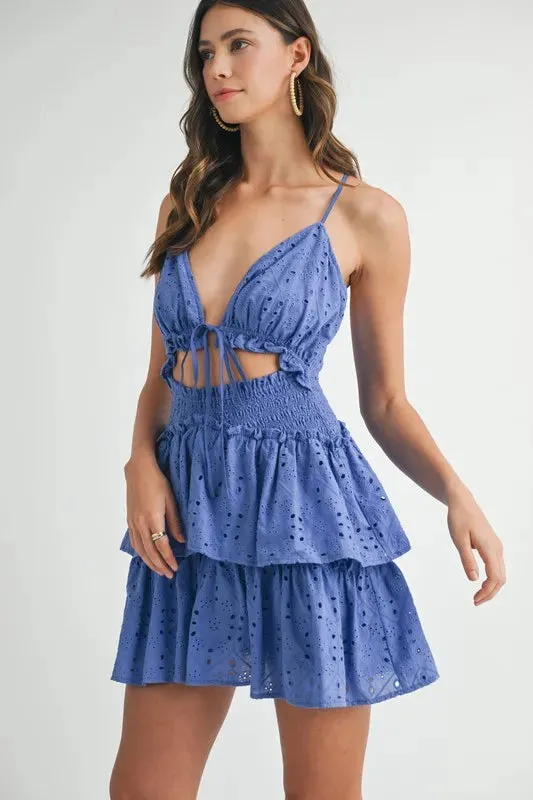 MABLE Cobalt Blue Lace Eyelet Ruffle Mini Dress