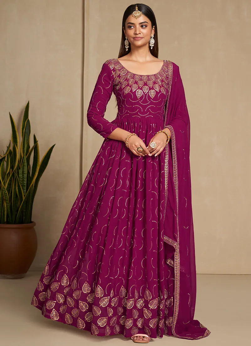 Magenta Golden Embroidery Festive Anarkali Gown