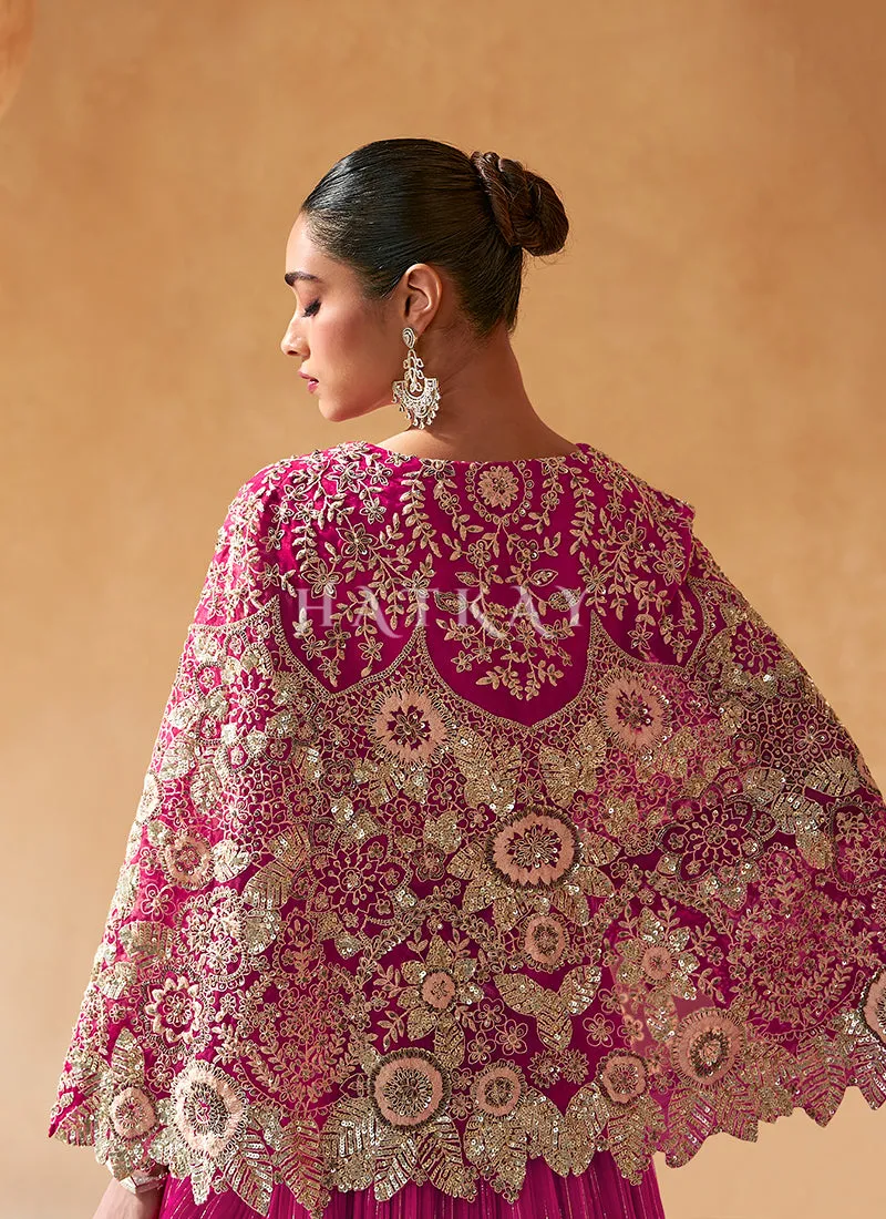 Magenta Pink Embroidered Cape Style Lehenga Choli
