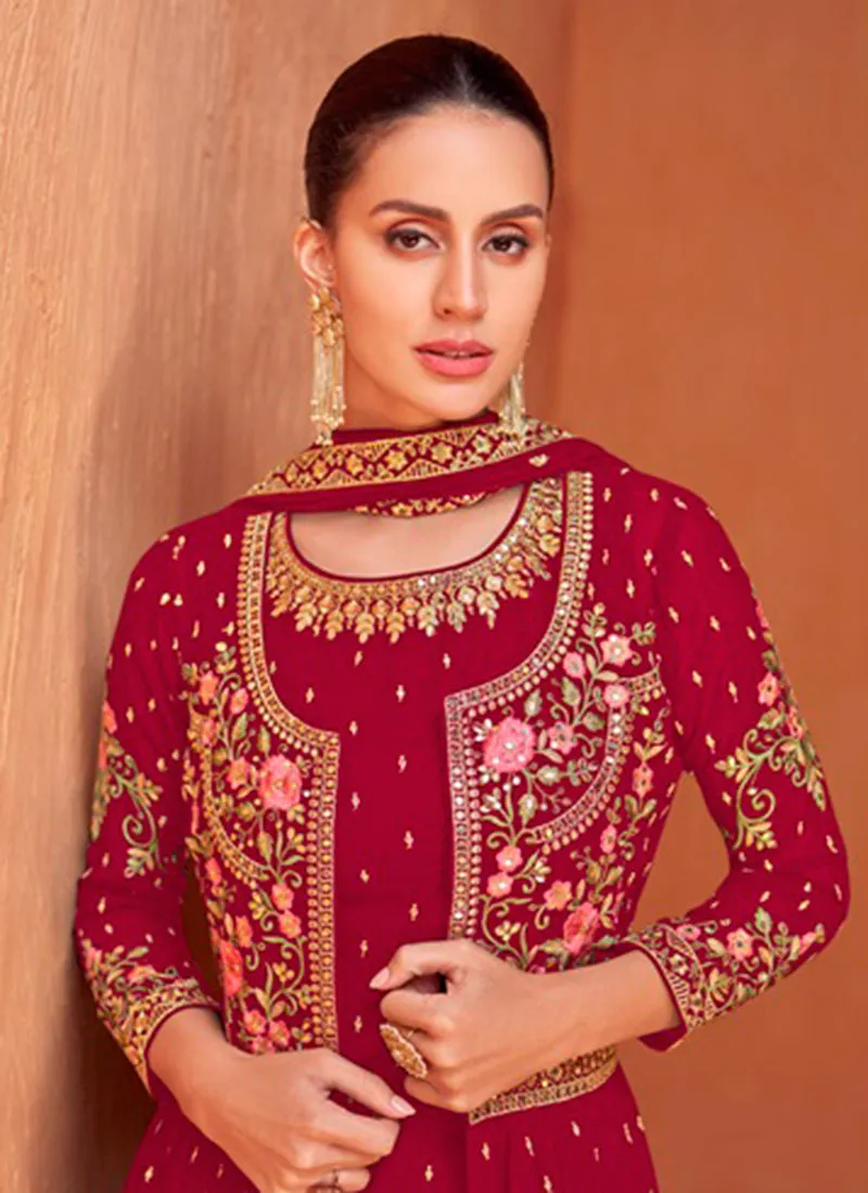 Magenta Pink Multi Embroidered Jacket Style Gharara Suit