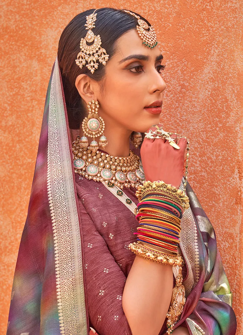Maroon Multicoloured Brocade Weaved Handloom Silk Saree