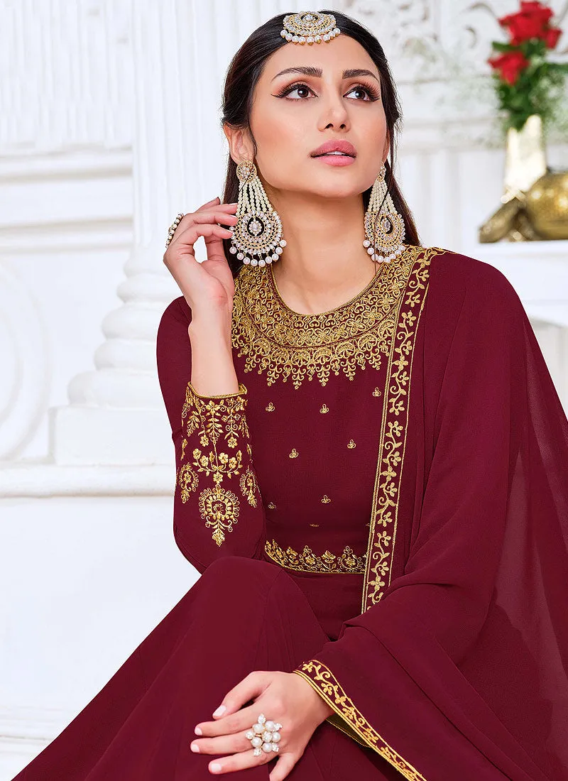 Maroon Traditional Zari Embroidered Slit Style Pant Suit
