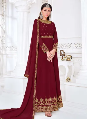 Maroon Traditional Zari Embroidered Slit Style Pant Suit