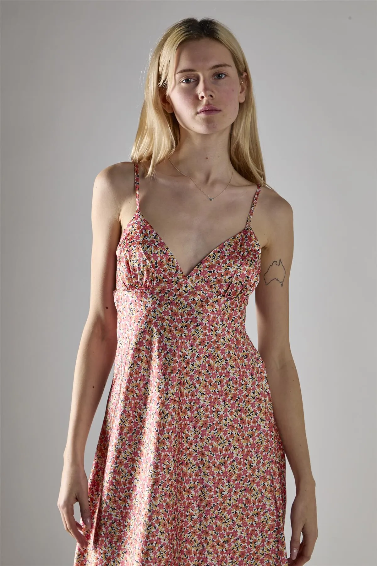 Multi Coral Ditsy Spaghetti-Strap Midi-Dress