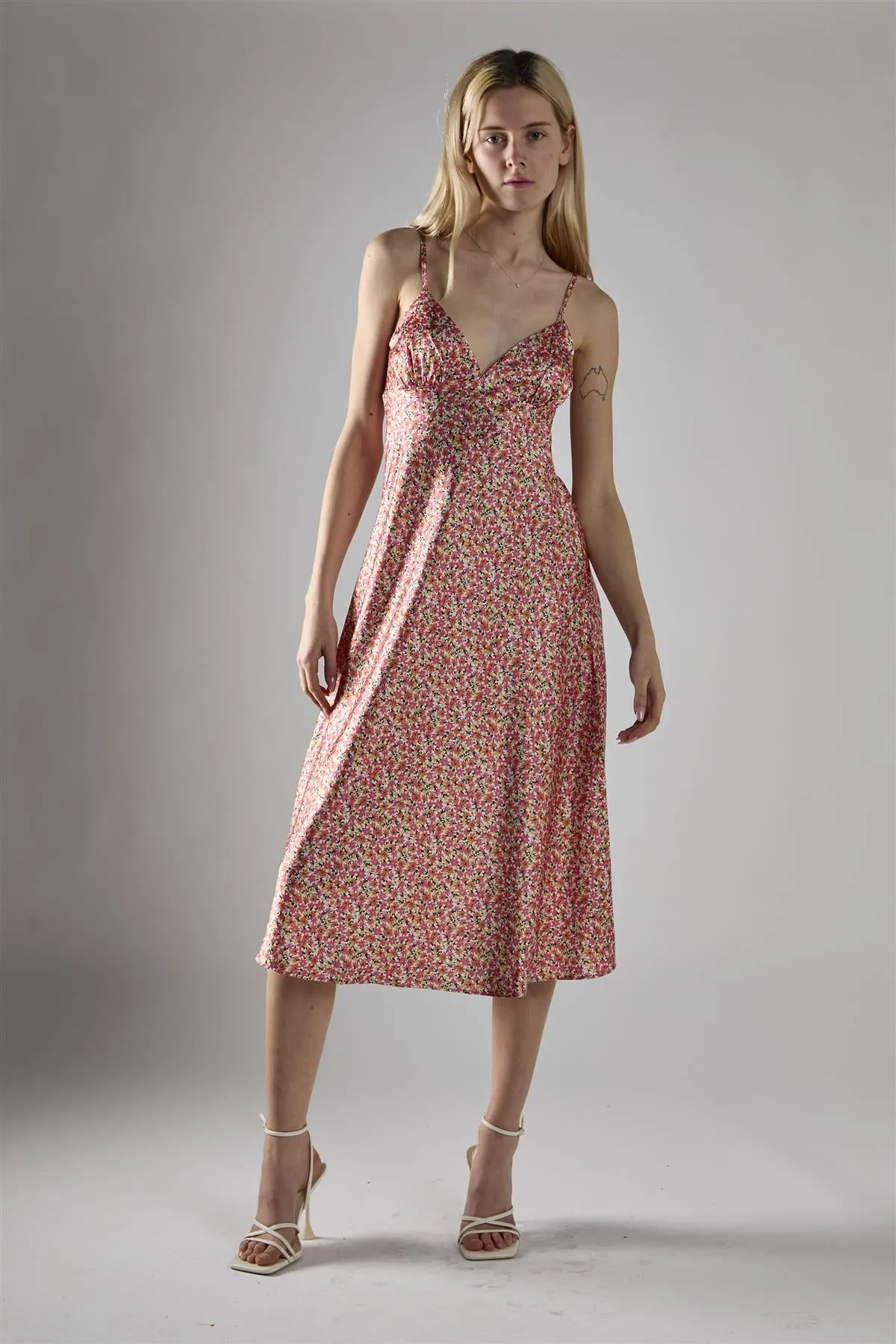 Multi Coral Ditsy Spaghetti-Strap Midi-Dress