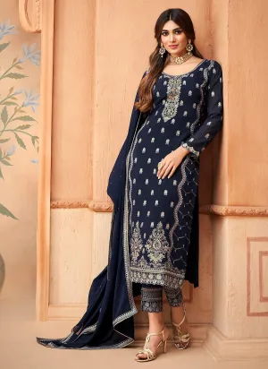 Navy Blue Embroidered Pakistani Pant Suit