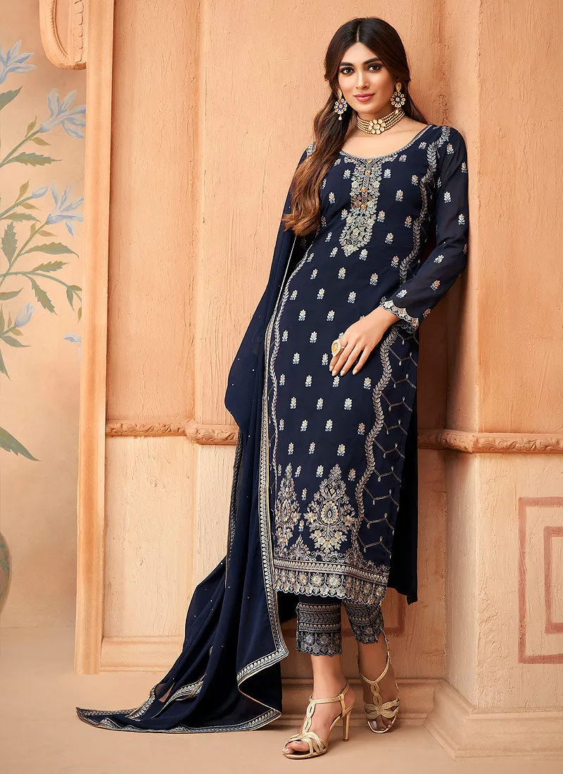 Navy Blue Embroidered Pakistani Pant Suit
