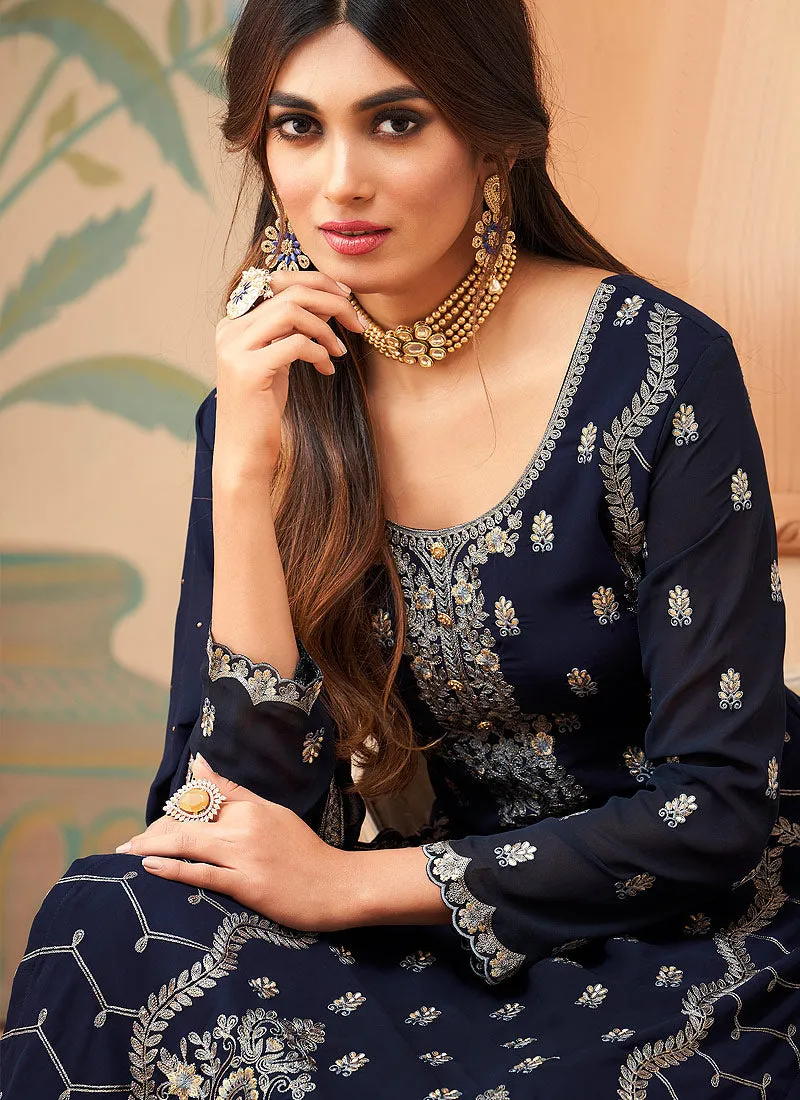 Navy Blue Embroidered Pakistani Pant Suit
