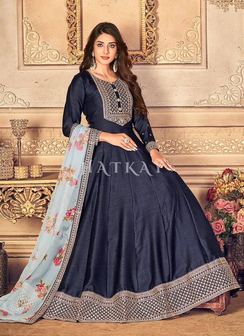 Navy Blue Embroidered Silk Anarkali Suit