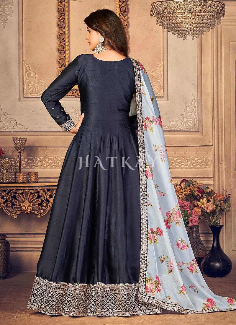 Navy Blue Embroidered Silk Anarkali Suit