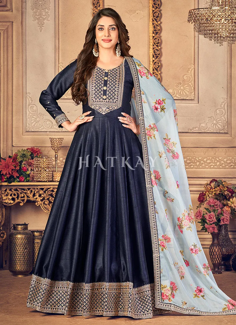 Navy Blue Embroidered Silk Anarkali Suit