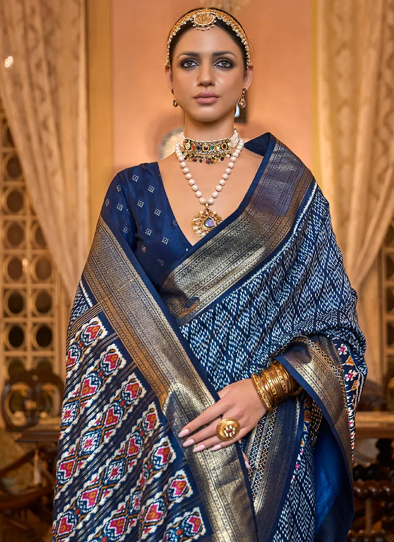 Navy Blue Ikat Printed Patola Silk Saree