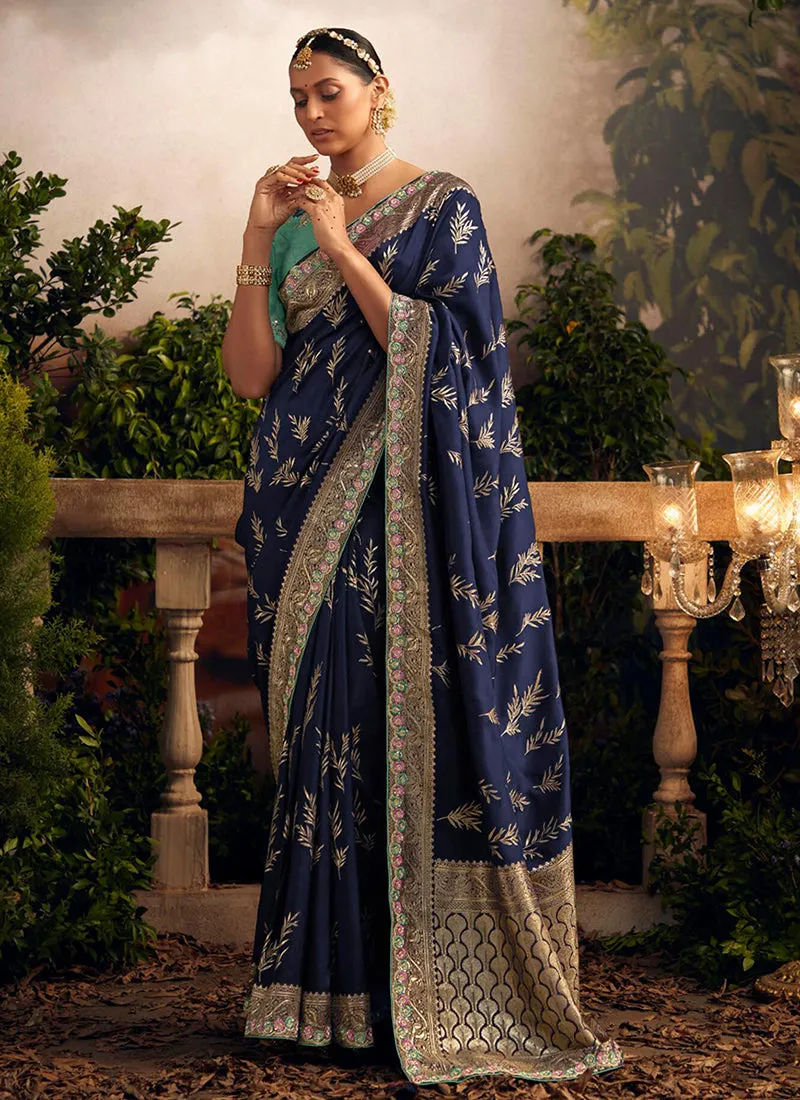 Navy Blue Multi Embroidered Traditional Silk Saree