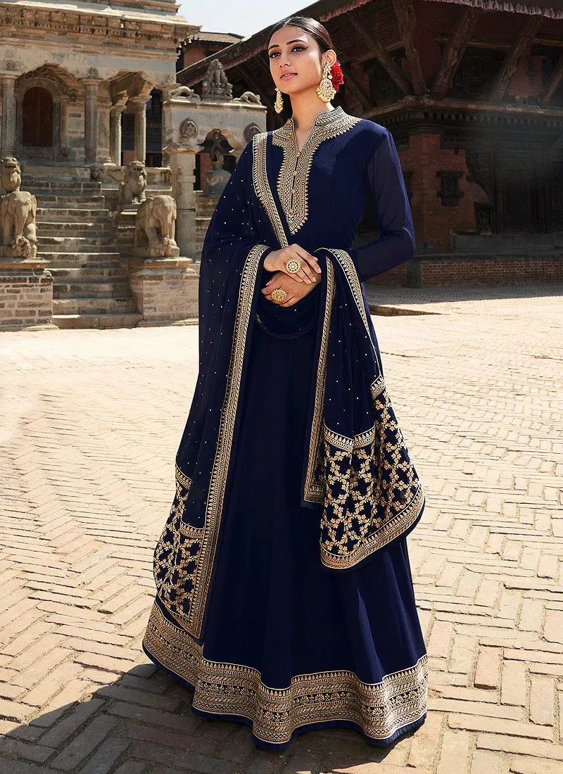 Navy Blue Zari Embroidered Anarkali Suit