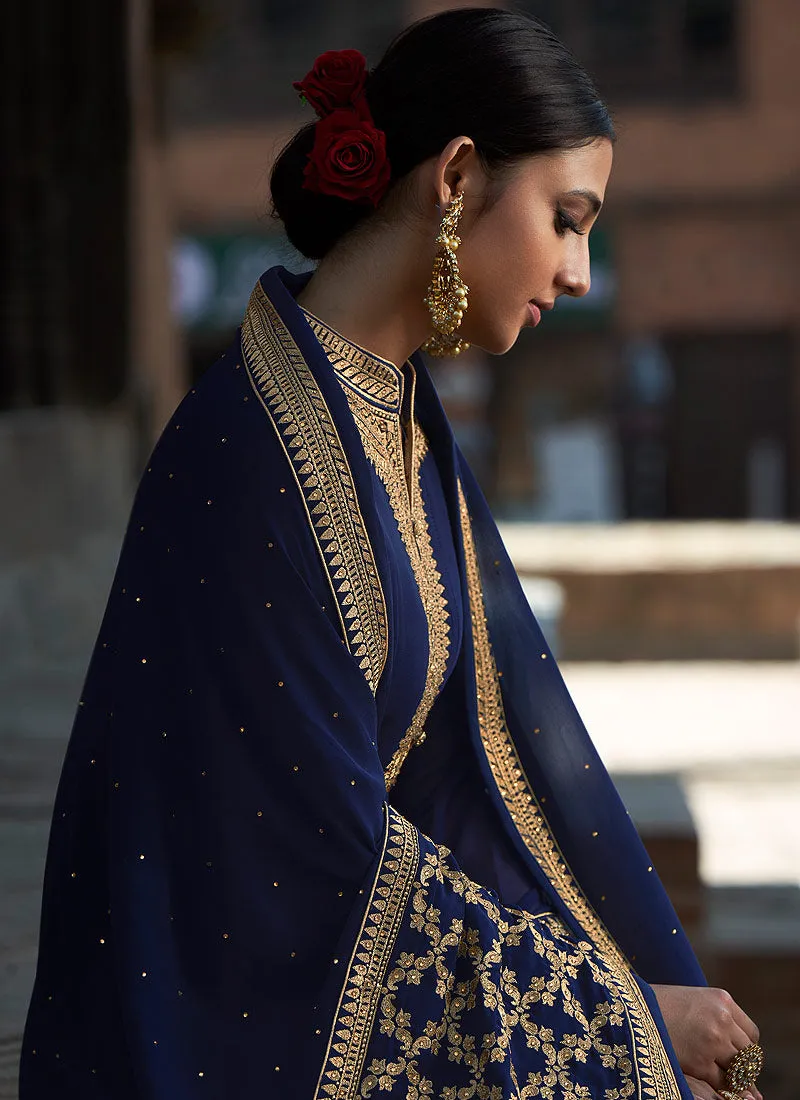 Navy Blue Zari Embroidered Anarkali Suit