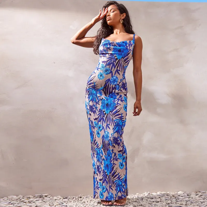 Nimue Sleeveless Floral Print Pleated Bodycon Maxi Dress