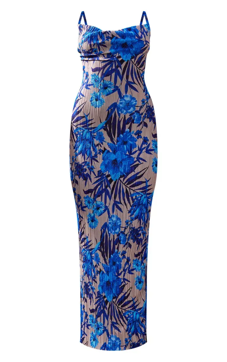 Nimue Sleeveless Floral Print Pleated Bodycon Maxi Dress