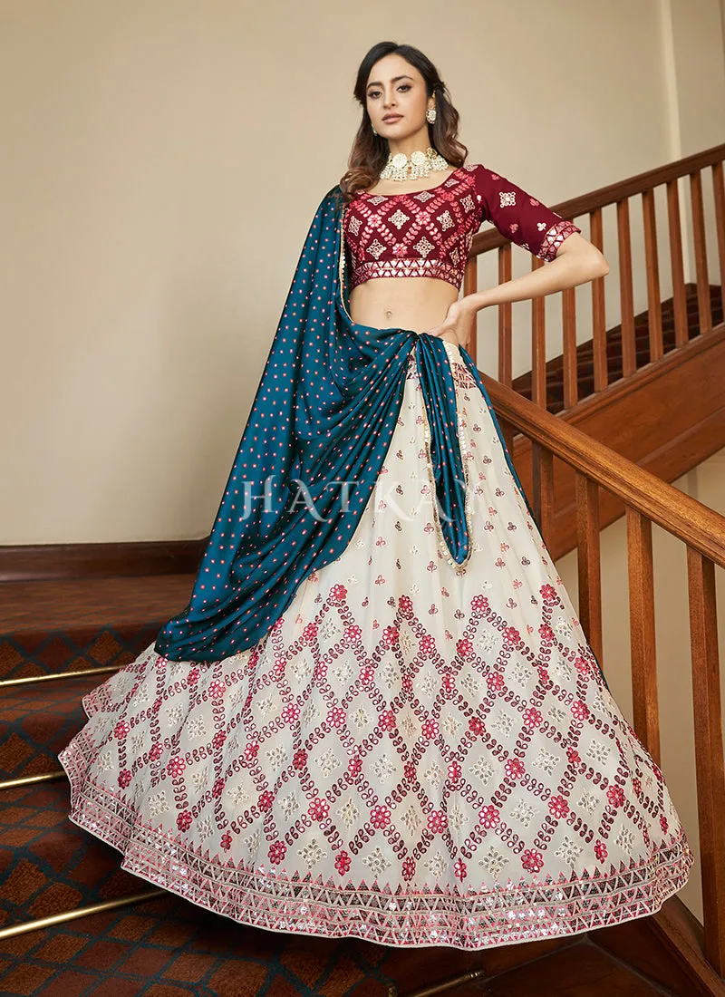 Off White And Pink Embroidered Wedding Lehenga Choli