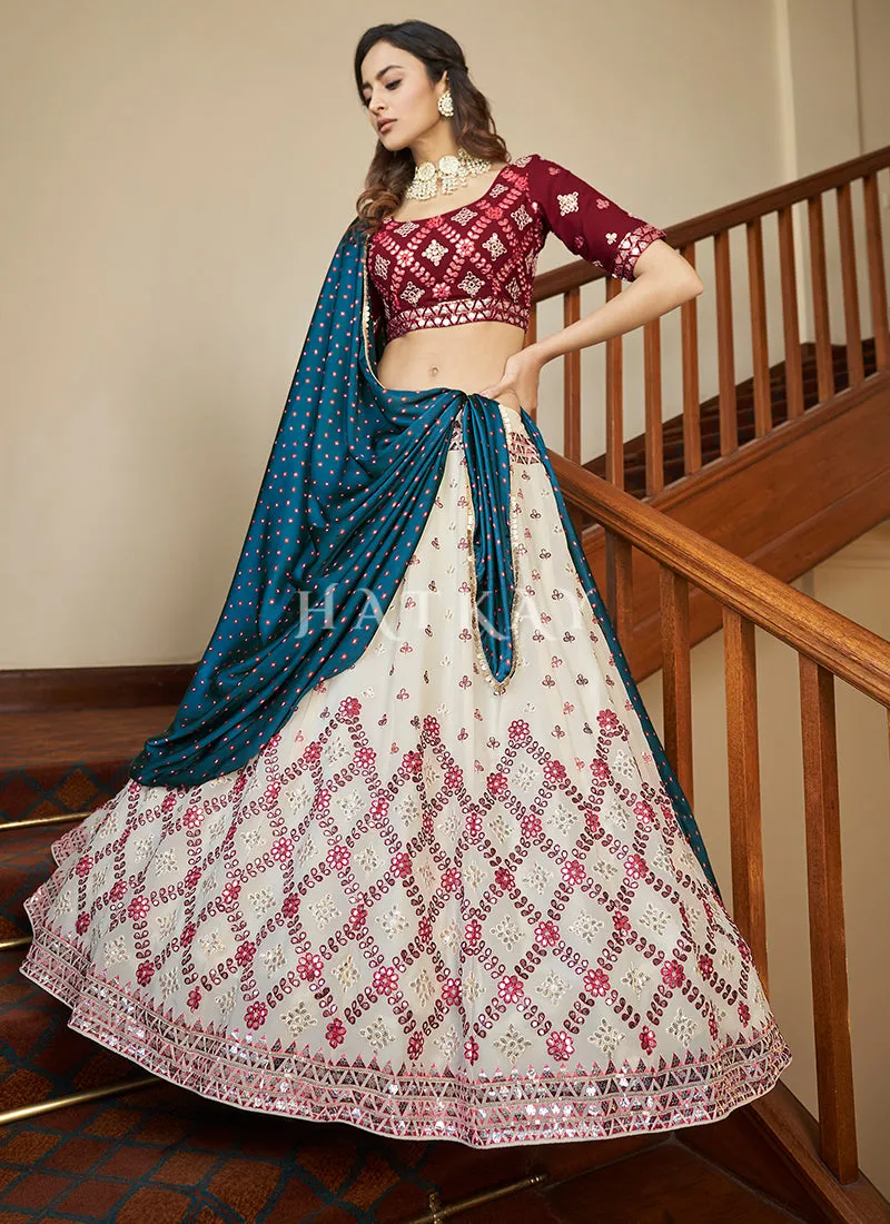 Off White And Pink Embroidered Wedding Lehenga Choli