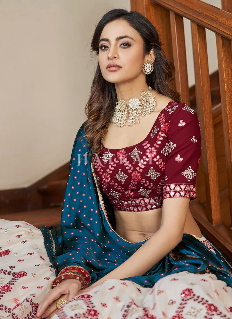 Off White And Pink Embroidered Wedding Lehenga Choli